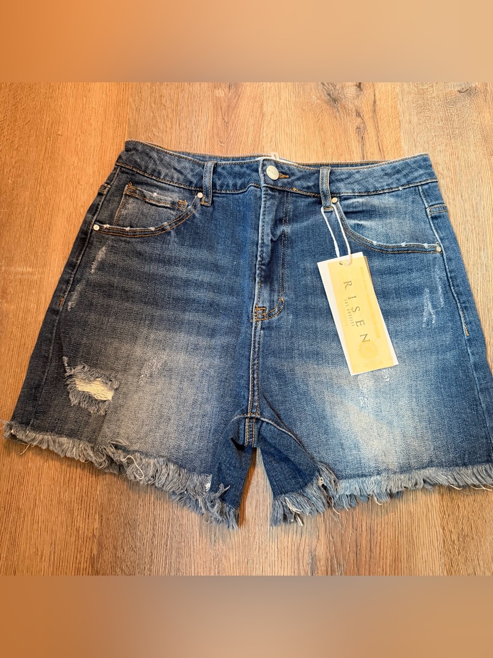 NEW Risen Denim High-Waist Frayed Hem Shorts - Blue